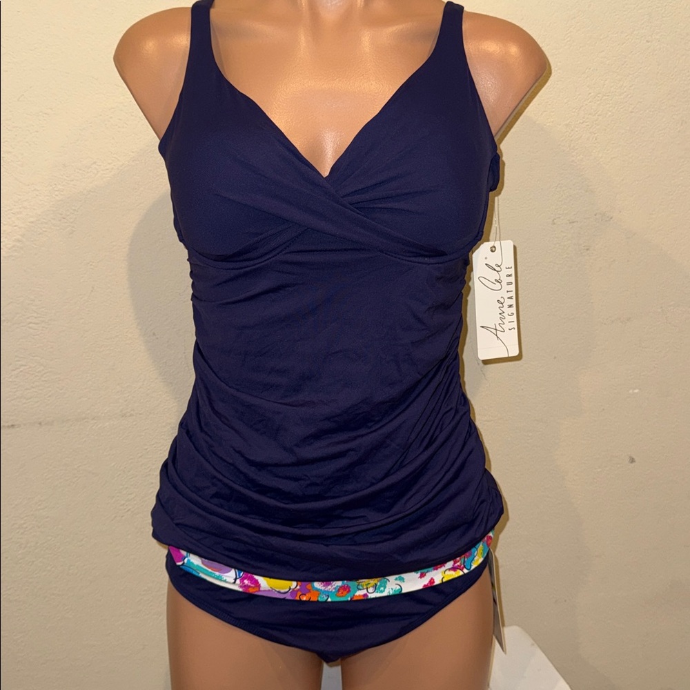 Anne Cole Navy Blue Tankini with Floral Trim